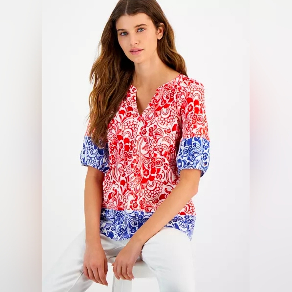 Tommy Hilfiger Red, Blue Floral Print Puff Sleeve Top Blouse Size XS